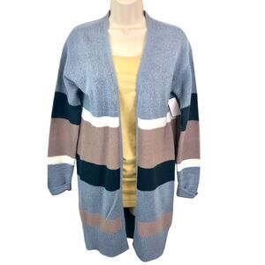 NWT Simply Styled Gray Tan Black Stripe Long Cardigan Open Front V Neckline